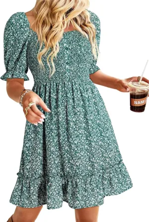 Dokotoo Womens Casual Summer Dresses Short Sleeve Square Neck Smocked Boho Floral Sundress Flowy A-Line Mini Dress