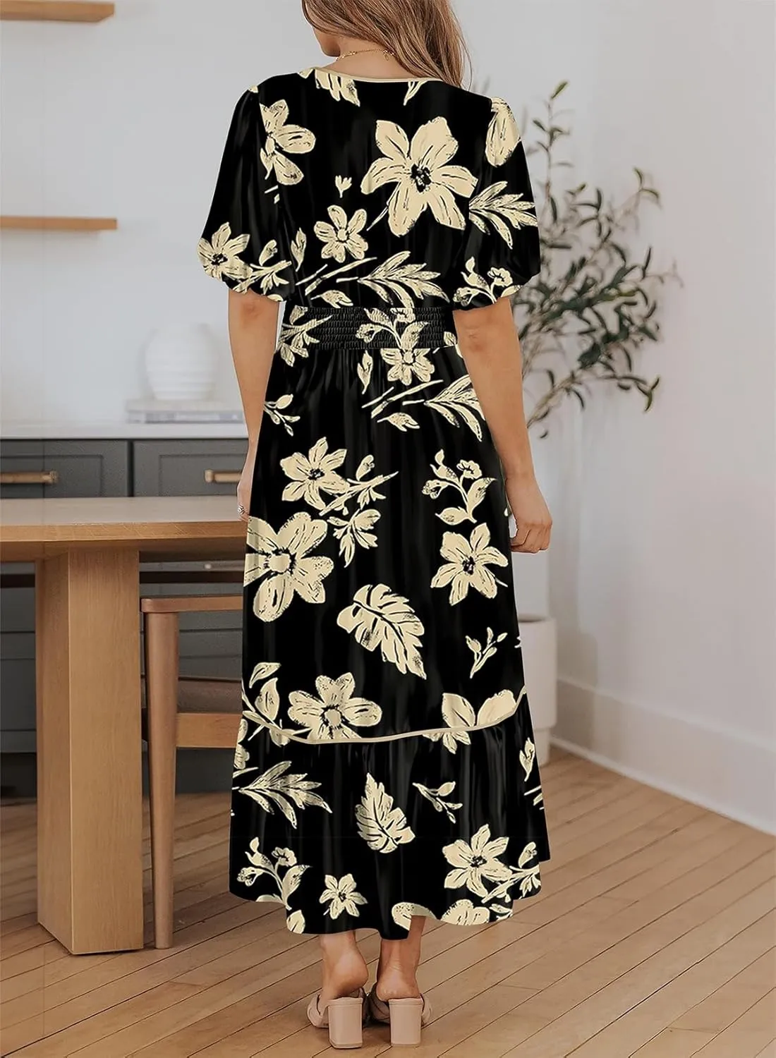 Dokotoo Womens Dresses V Neck Empire Waist Dress Summer Spring Short Sleeve Elegant Flowy Long Floral Maxi Dress