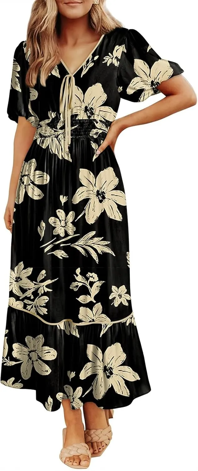 Dokotoo Womens Dresses V Neck Empire Waist Dress Summer Spring Short Sleeve Elegant Flowy Long Floral Maxi Dress
