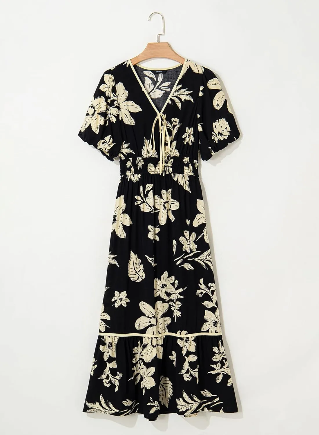 Dokotoo Womens Dresses V Neck Empire Waist Dress Summer Spring Short Sleeve Elegant Flowy Long Floral Maxi Dress