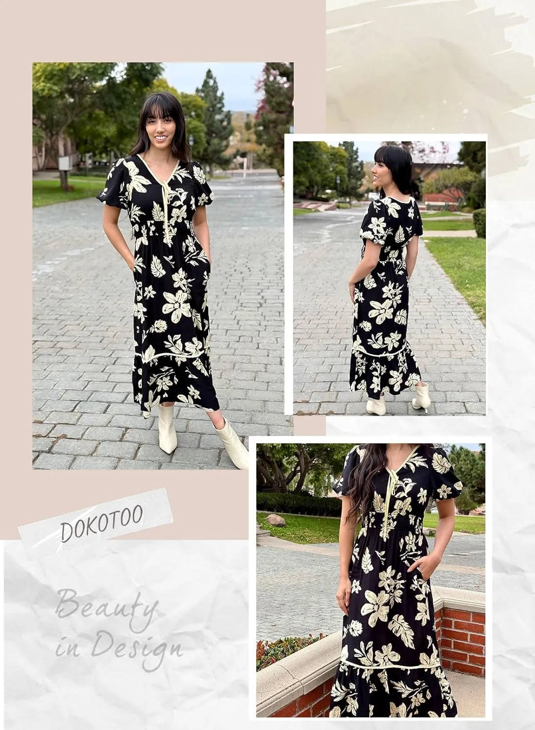 Dokotoo Womens Dresses V Neck Empire Waist Dress Summer Spring Short Sleeve Elegant Flowy Long Floral Maxi Dress