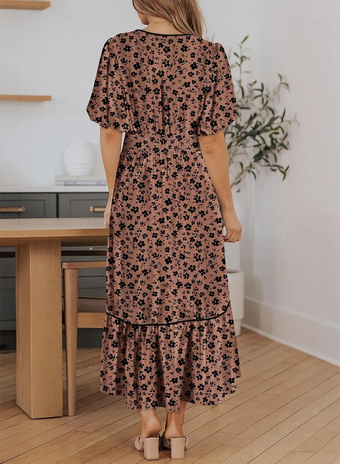 Dokotoo Womens Dresses V Neck Empire Waist Dress Summer Spring Short Sleeve Elegant Flowy Long Floral Maxi Dress