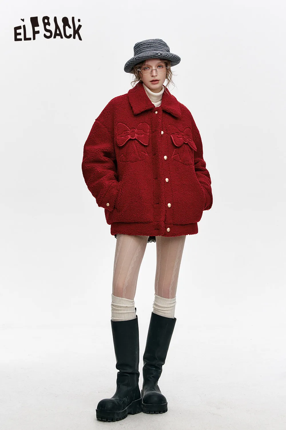 ELFSACK 2024 Winter New Arrivals Sweet bow plush red lapel thick coat for women