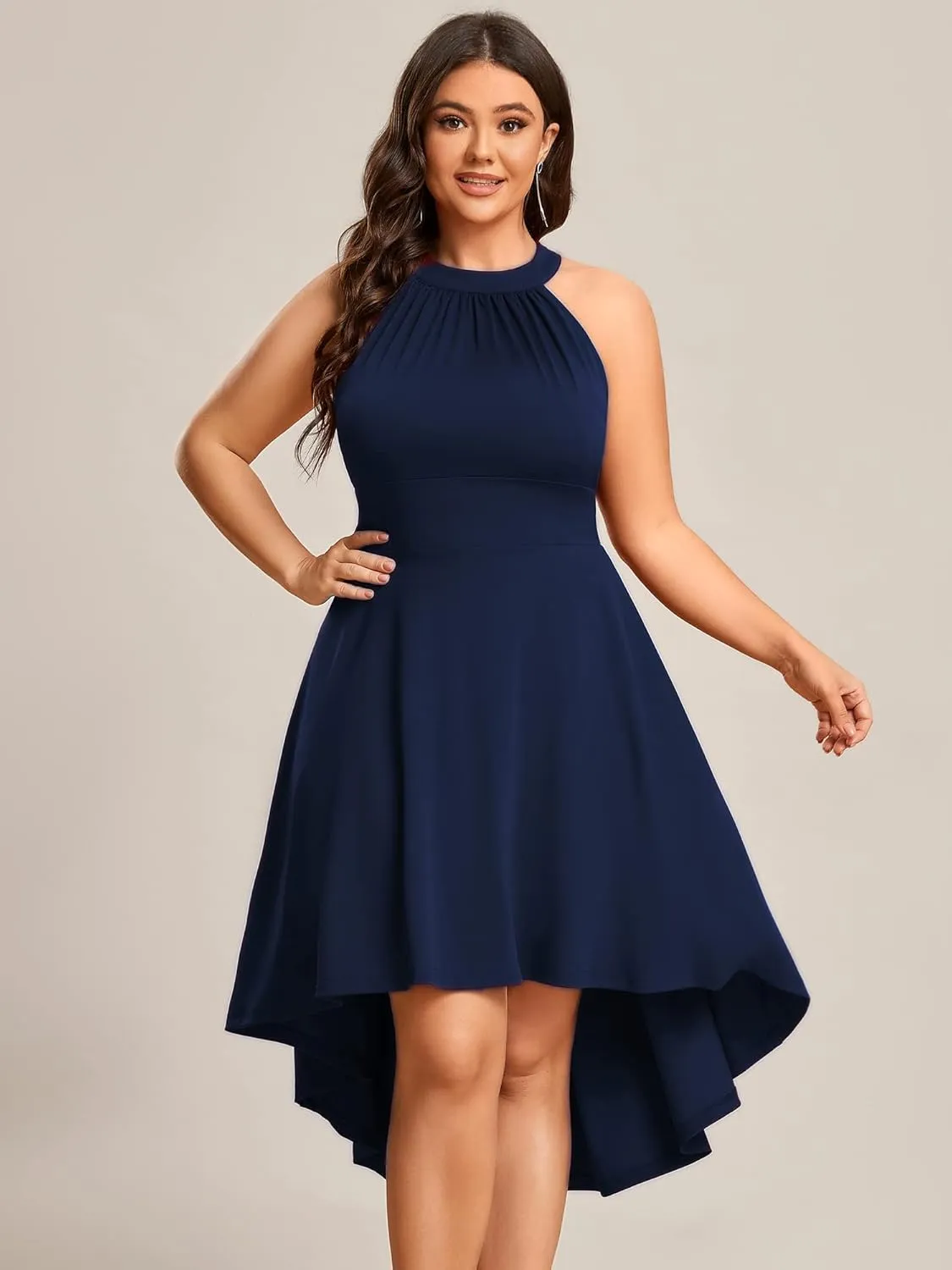 Ever-Pretty Women's A-Line Halter High Low Plus Size Cocktail Dresses for Curvy Women Summer Casual Sleeveless Sundress