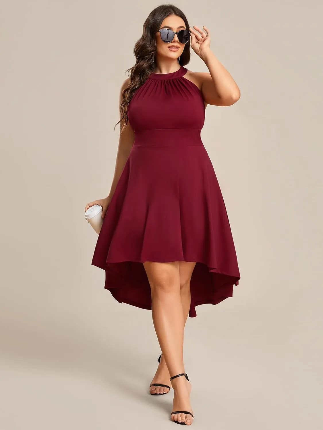 Ever-Pretty Women's A-Line Halter High Low Plus Size Cocktail Dresses for Curvy Women Summer Casual Sleeveless Sundress