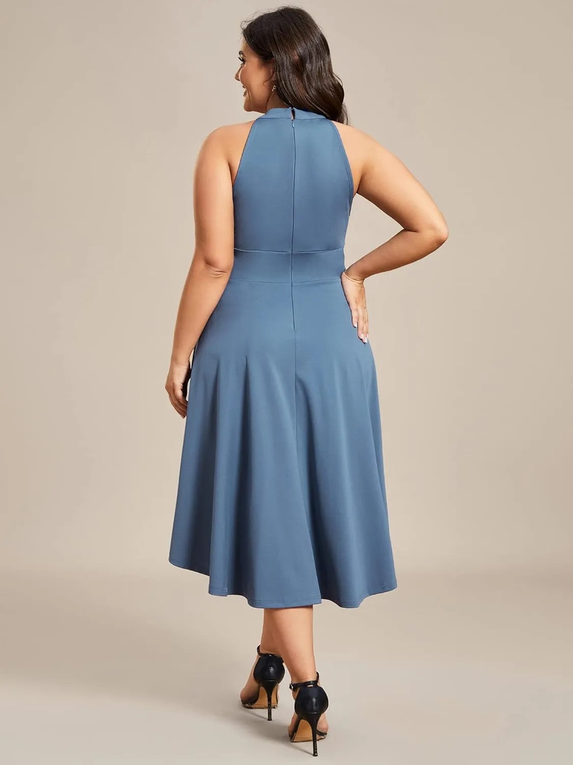 Ever-Pretty Women's A-Line Halter High Low Plus Size Cocktail Dresses for Curvy Women Summer Casual Sleeveless Sundress