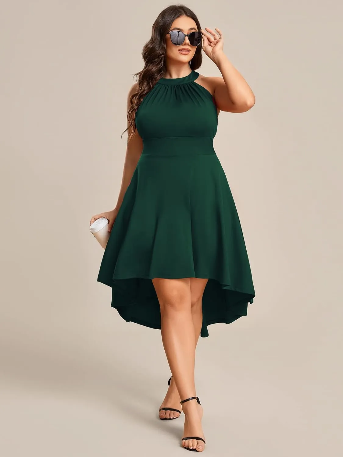 Ever-Pretty Women's A-Line Halter High Low Plus Size Cocktail Dresses for Curvy Women Summer Casual Sleeveless Sundress