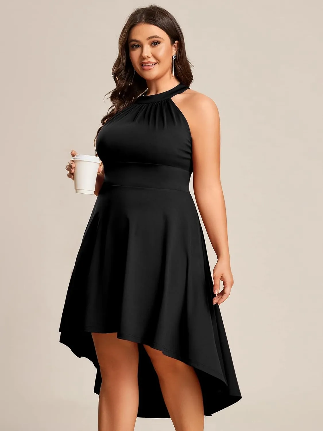 Ever-Pretty Women's A-Line Halter High Low Plus Size Cocktail Dresses for Curvy Women Summer Casual Sleeveless Sundress
