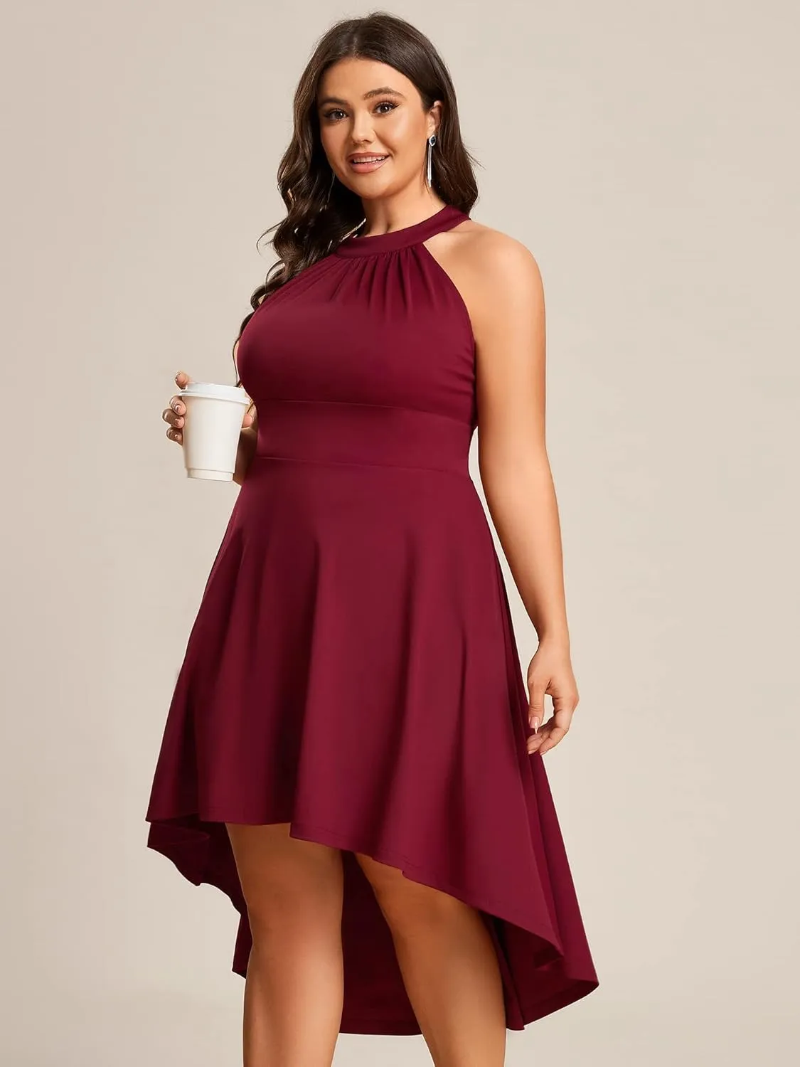 Ever-Pretty Women's A-Line Halter High Low Plus Size Cocktail Dresses for Curvy Women Summer Casual Sleeveless Sundress