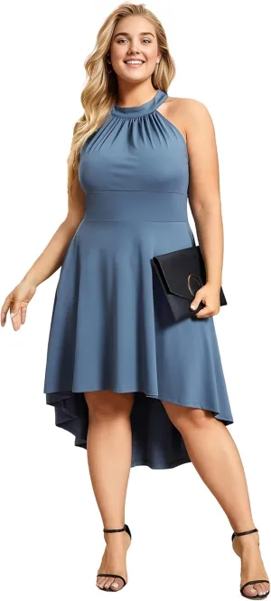 Ever-Pretty Women's A-Line Halter High Low Plus Size Cocktail Dresses for Curvy Women Summer Casual Sleeveless Sundress