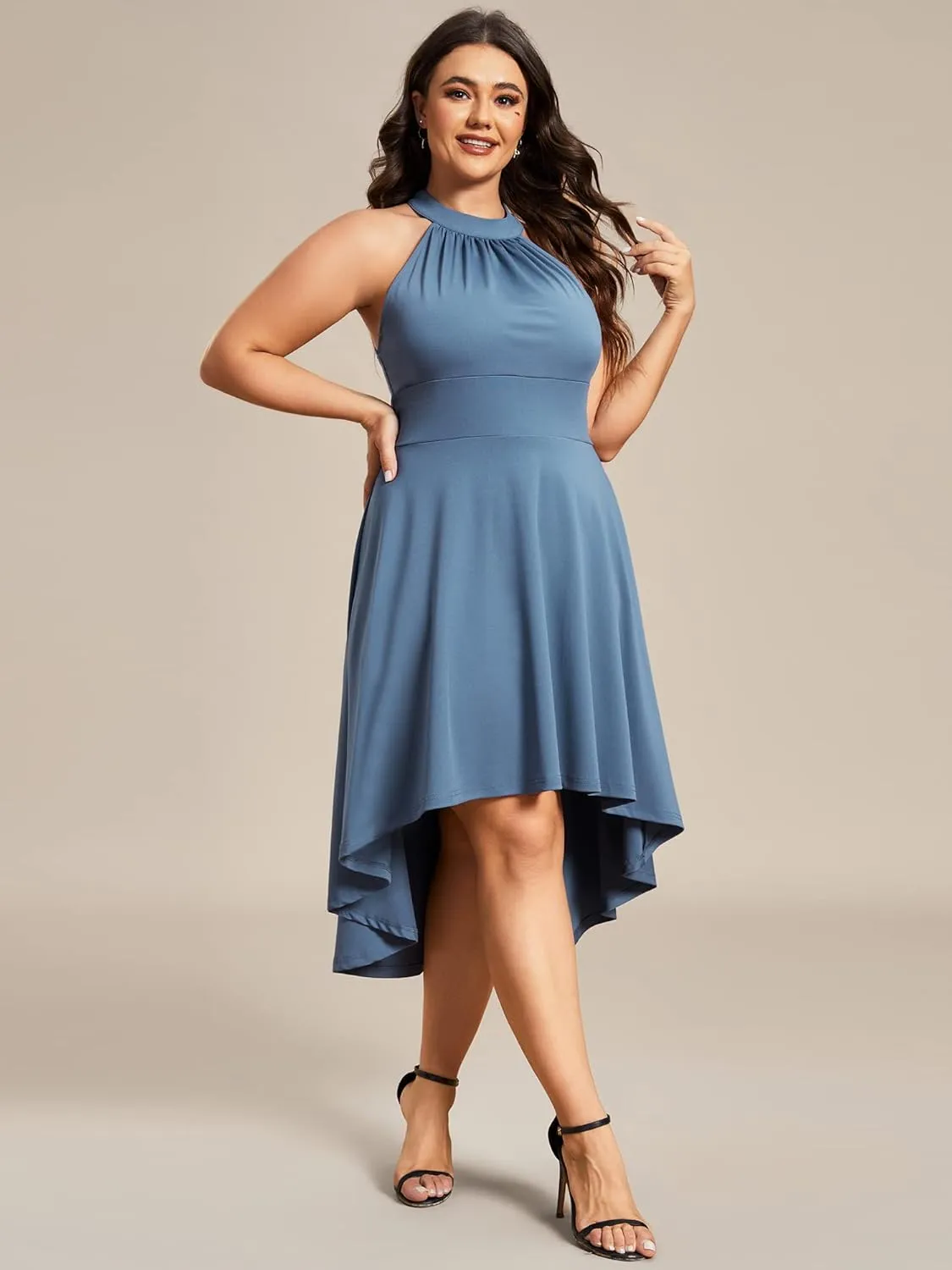 Ever-Pretty Women's A-Line Halter High Low Plus Size Cocktail Dresses for Curvy Women Summer Casual Sleeveless Sundress