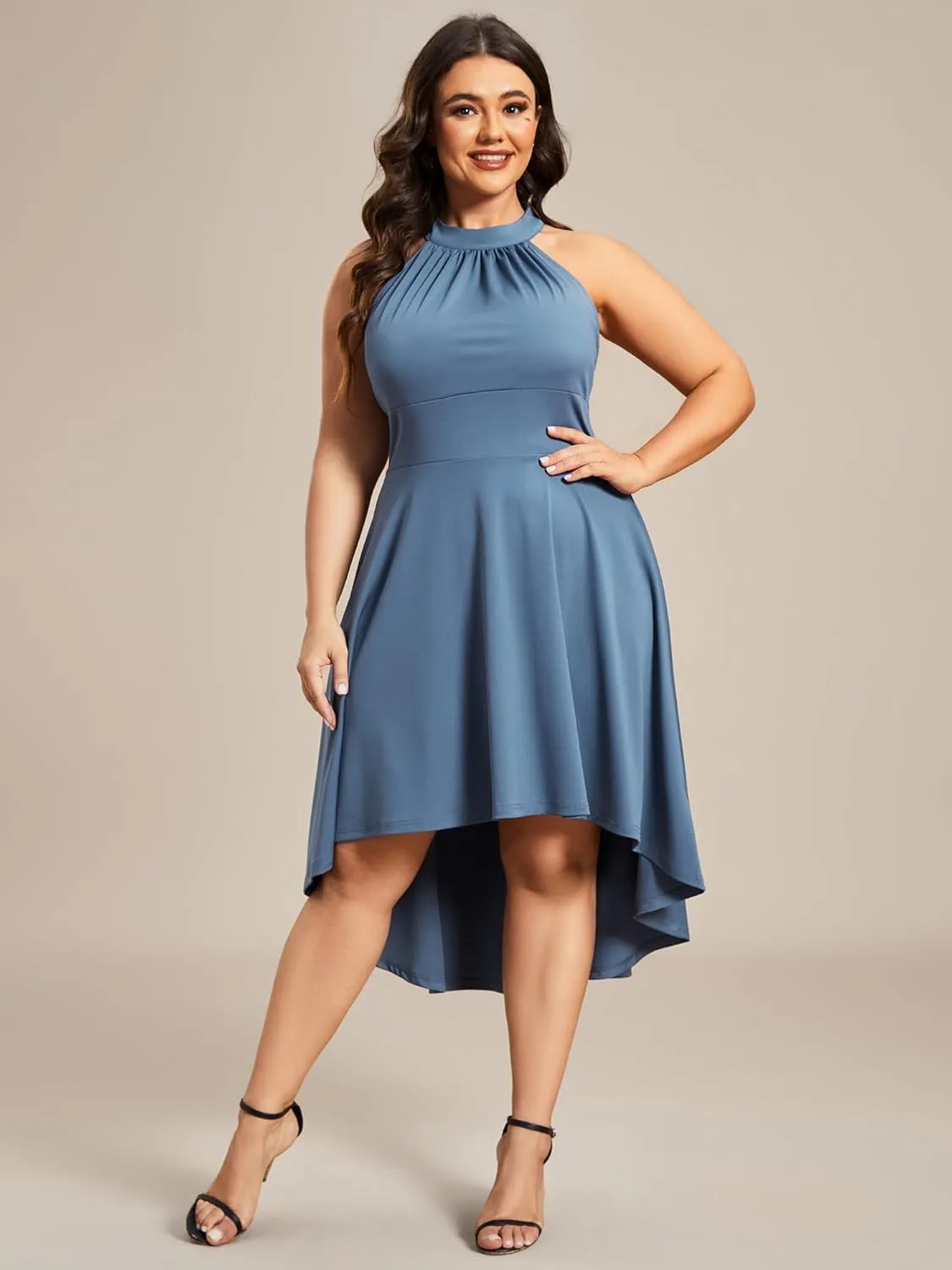 Ever-Pretty Women's A-Line Halter High Low Plus Size Cocktail Dresses for Curvy Women Summer Casual Sleeveless Sundress