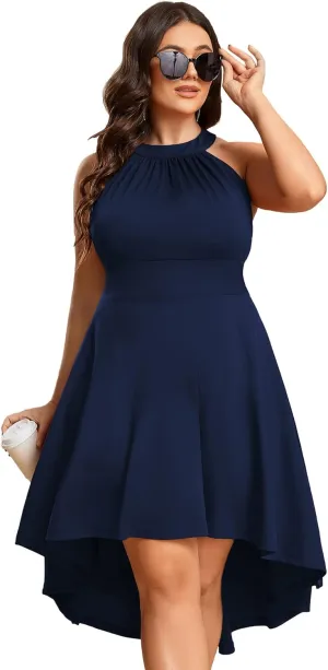 Ever-Pretty Women's A-Line Halter High Low Plus Size Cocktail Dresses for Curvy Women Summer Casual Sleeveless Sundress
