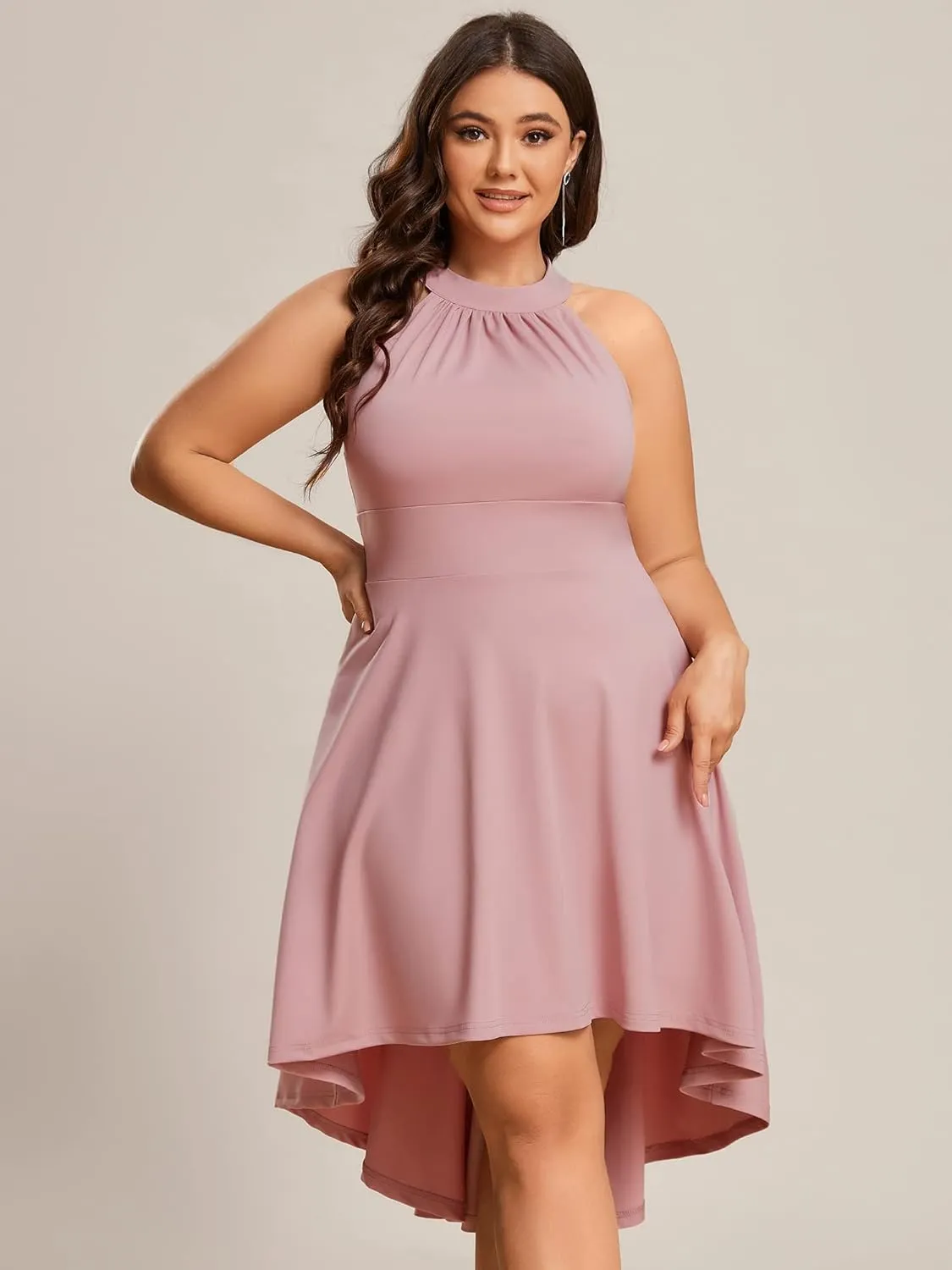 Ever-Pretty Women's A-Line Halter High Low Plus Size Cocktail Dresses for Curvy Women Summer Casual Sleeveless Sundress