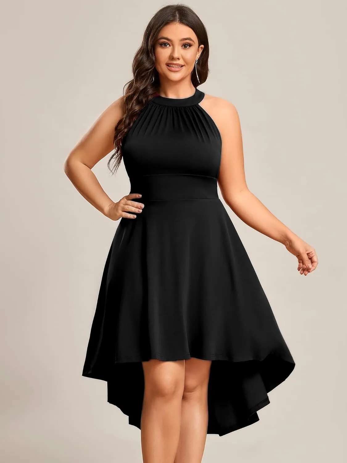 Ever-Pretty Women's A-Line Halter High Low Plus Size Cocktail Dresses for Curvy Women Summer Casual Sleeveless Sundress
