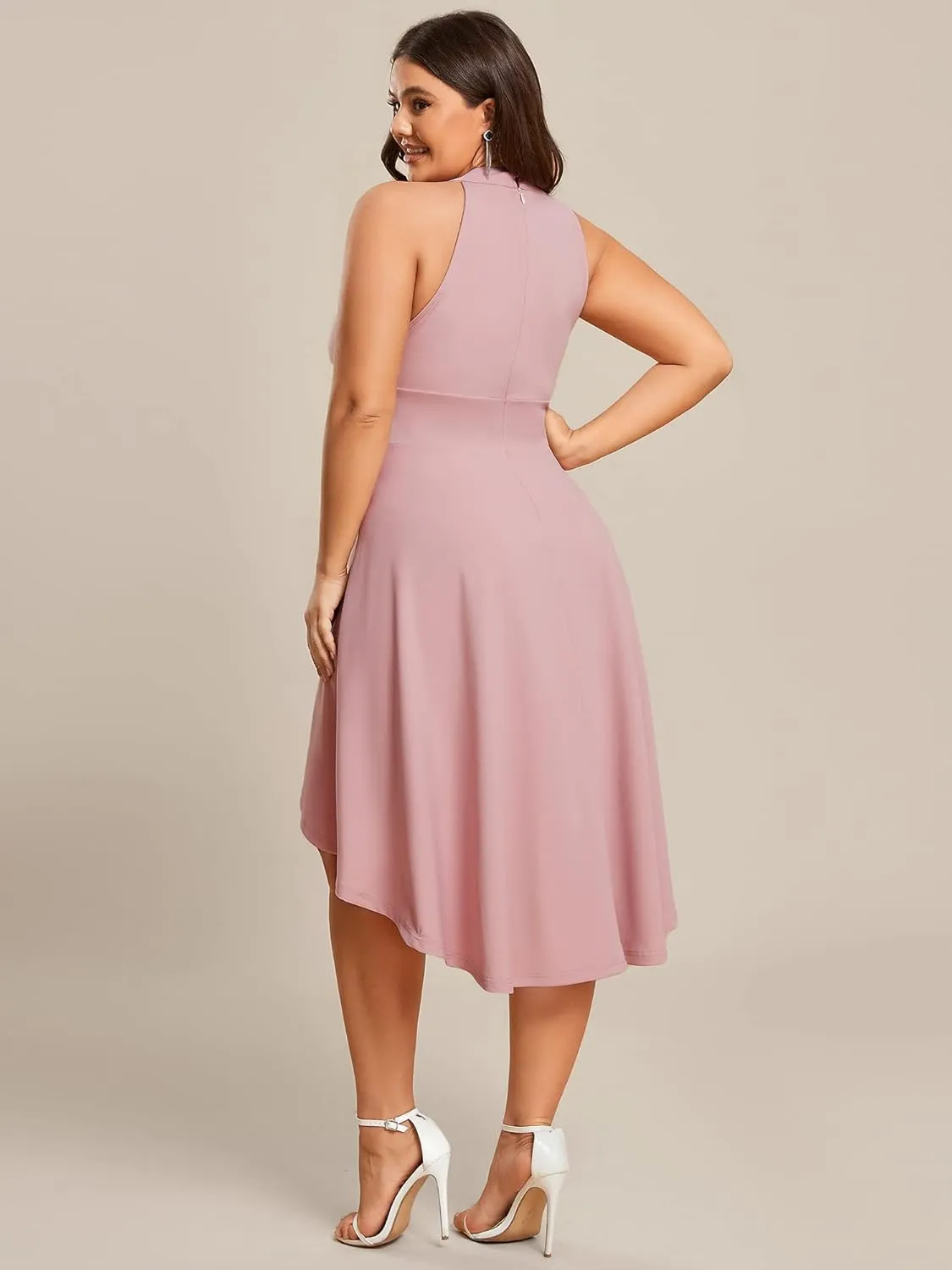 Ever-Pretty Women's A-Line Halter High Low Plus Size Cocktail Dresses for Curvy Women Summer Casual Sleeveless Sundress