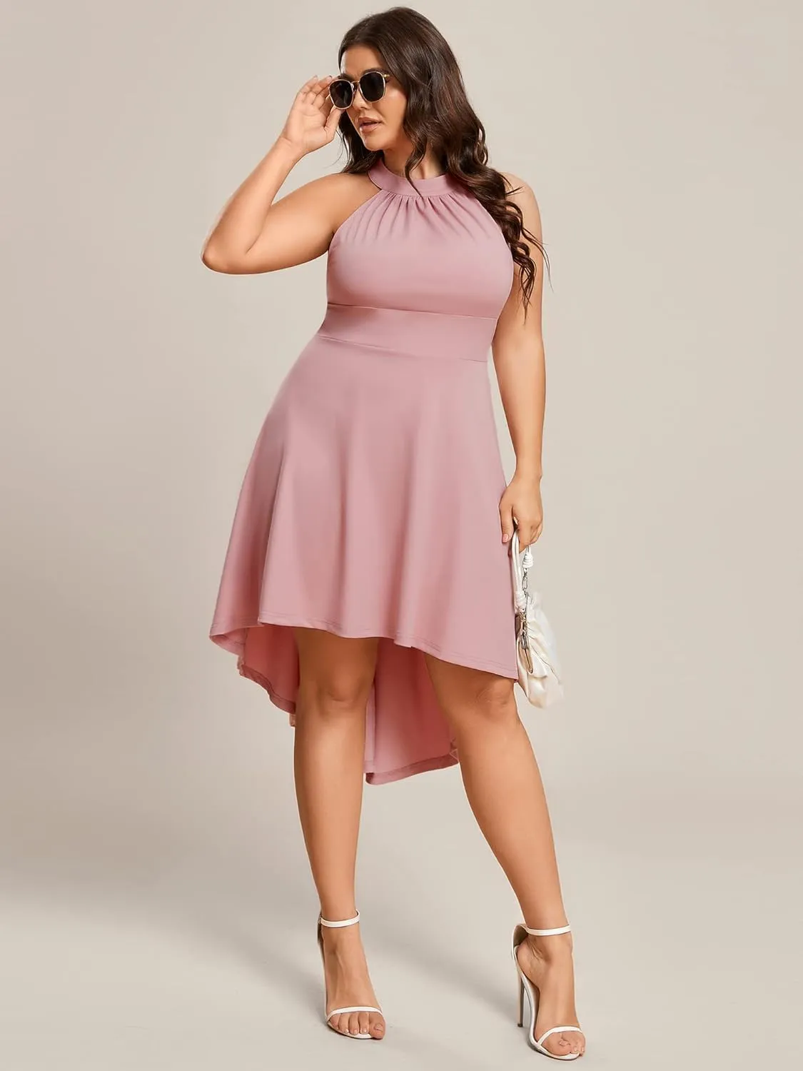 Ever-Pretty Women's A-Line Halter High Low Plus Size Cocktail Dresses for Curvy Women Summer Casual Sleeveless Sundress