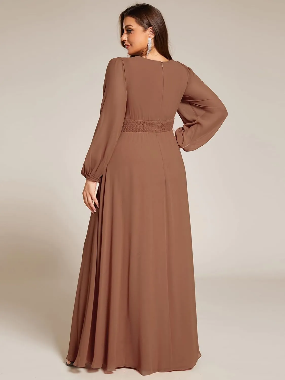Ever-Pretty Women's Round Neck Long Lantern Sleeves Elastic Band Chiffon Plus Size Formal Gown Bridesmaid Dresses 0106B-DA