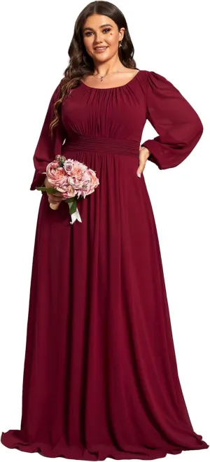 Ever-Pretty Women's Round Neck Long Lantern Sleeves Elastic Band Chiffon Plus Size Formal Gown Bridesmaid Dresses 0106B-DA