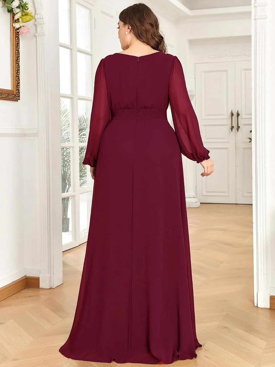 Ever-Pretty Women's Round Neck Long Lantern Sleeves Elastic Band Chiffon Plus Size Formal Gown Bridesmaid Dresses 0106B-DA