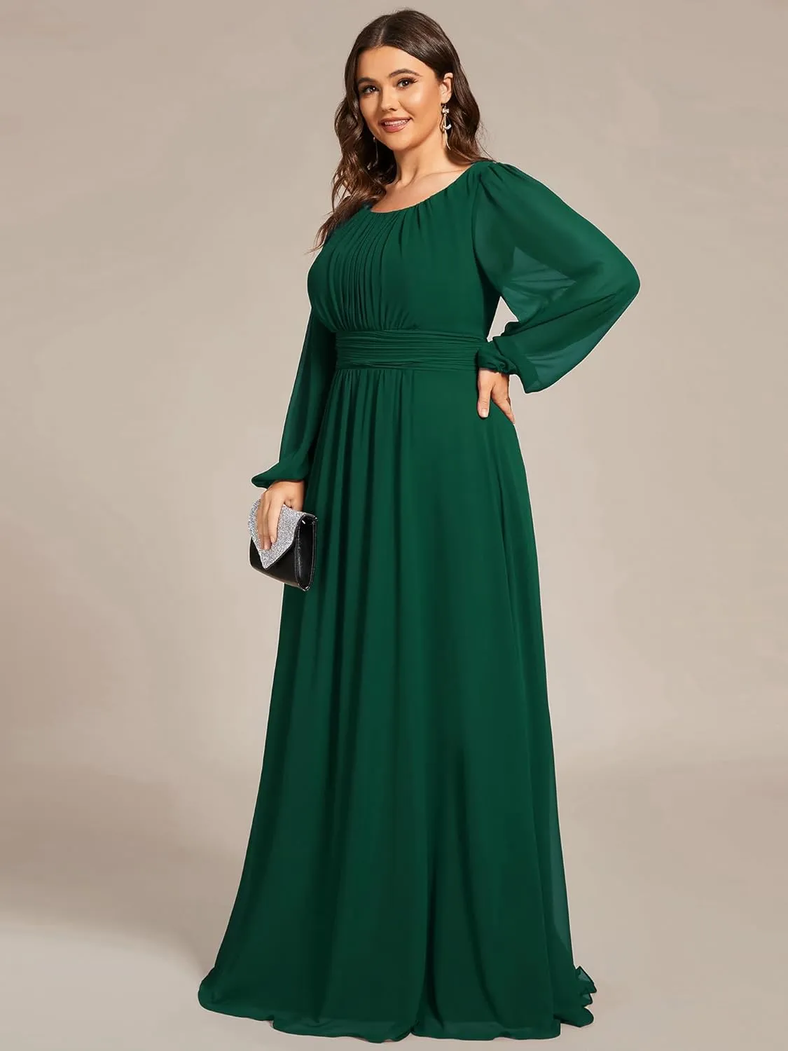 Ever-Pretty Women's Round Neck Long Lantern Sleeves Elastic Band Chiffon Plus Size Formal Gown Bridesmaid Dresses 0106B-DA