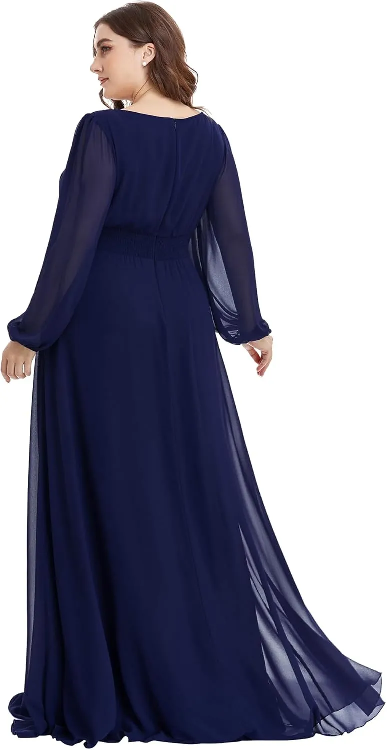 Ever-Pretty Women's Round Neck Long Lantern Sleeves Elastic Band Chiffon Plus Size Formal Gown Bridesmaid Dresses 0106B-DA