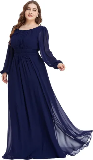 Ever-Pretty Women's Round Neck Long Lantern Sleeves Elastic Band Chiffon Plus Size Formal Gown Bridesmaid Dresses 0106B-DA