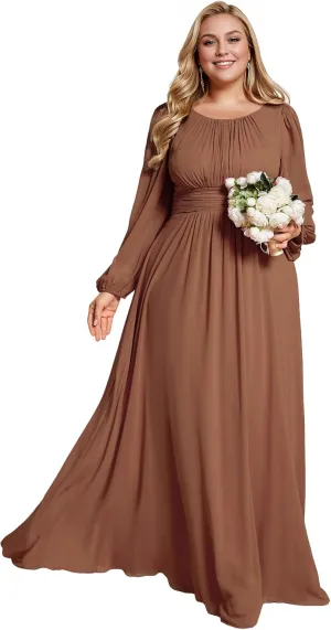 Ever-Pretty Women's Round Neck Long Lantern Sleeves Elastic Band Chiffon Plus Size Formal Gown Bridesmaid Dresses 0106B-DA