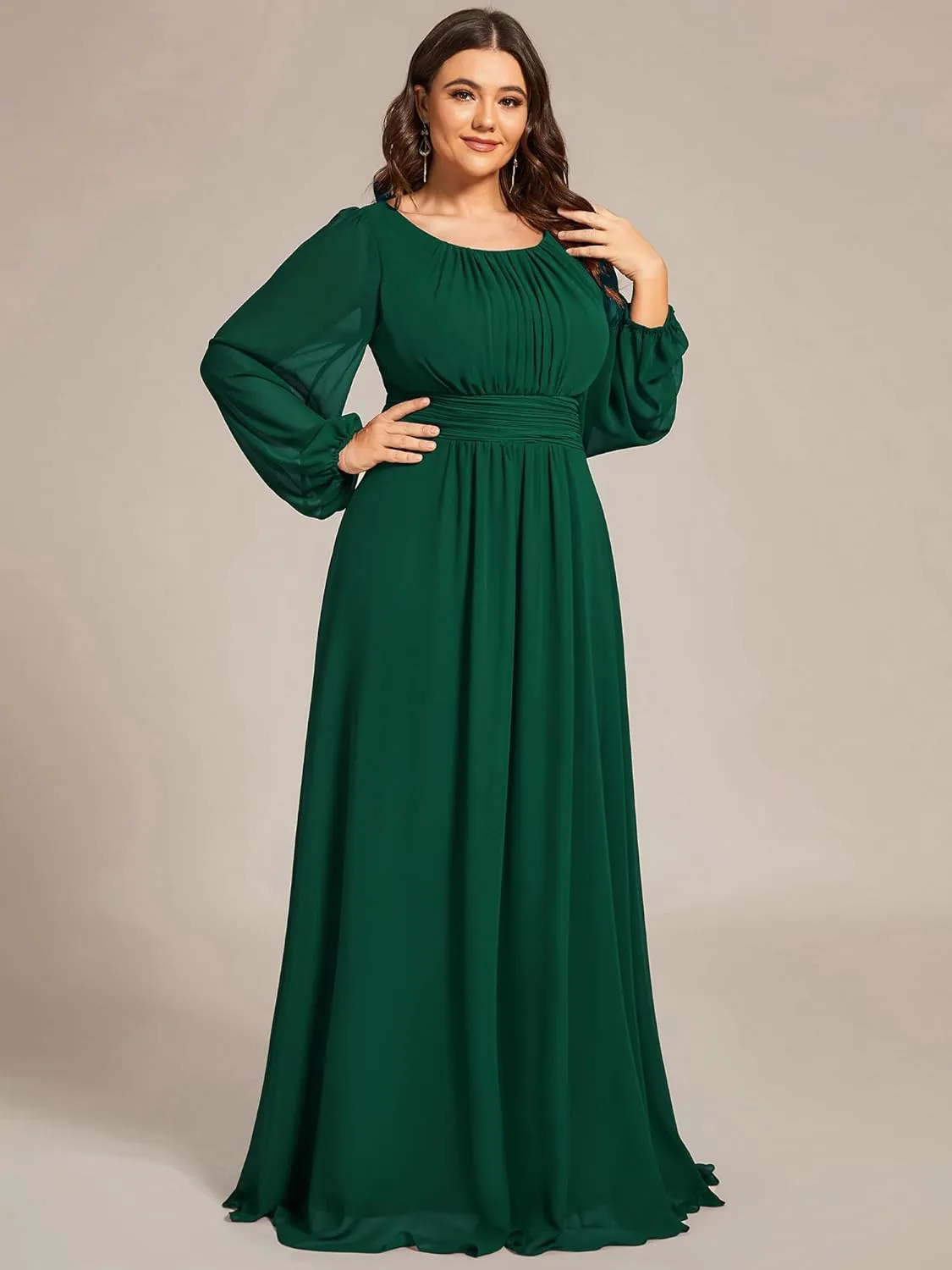 Ever-Pretty Women's Round Neck Long Lantern Sleeves Elastic Band Chiffon Plus Size Formal Gown Bridesmaid Dresses 0106B-DA