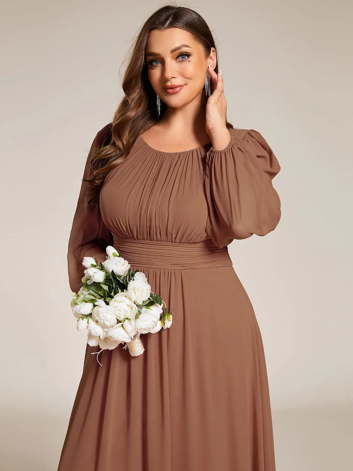 Ever-Pretty Women's Round Neck Long Lantern Sleeves Elastic Band Chiffon Plus Size Formal Gown Bridesmaid Dresses 0106B-DA