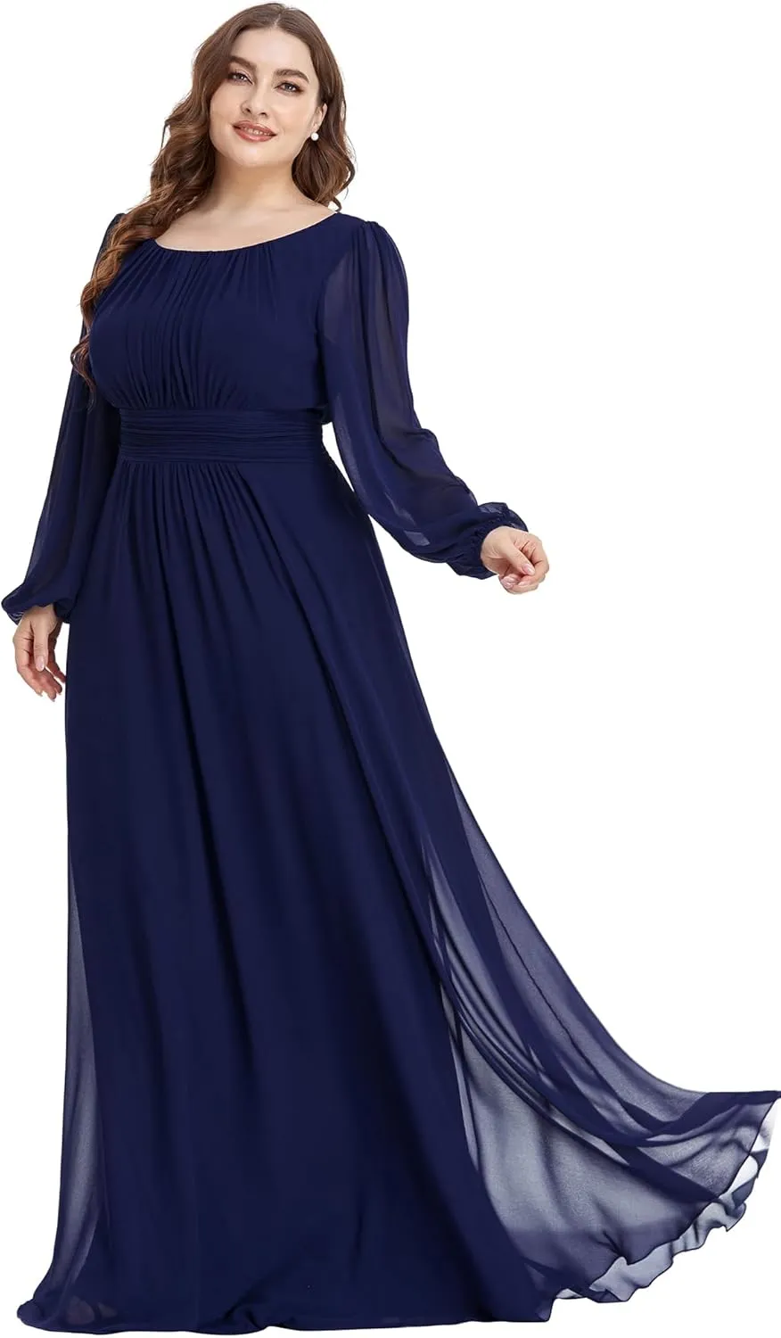 Ever-Pretty Women's Round Neck Long Lantern Sleeves Elastic Band Chiffon Plus Size Formal Gown Bridesmaid Dresses 0106B-DA