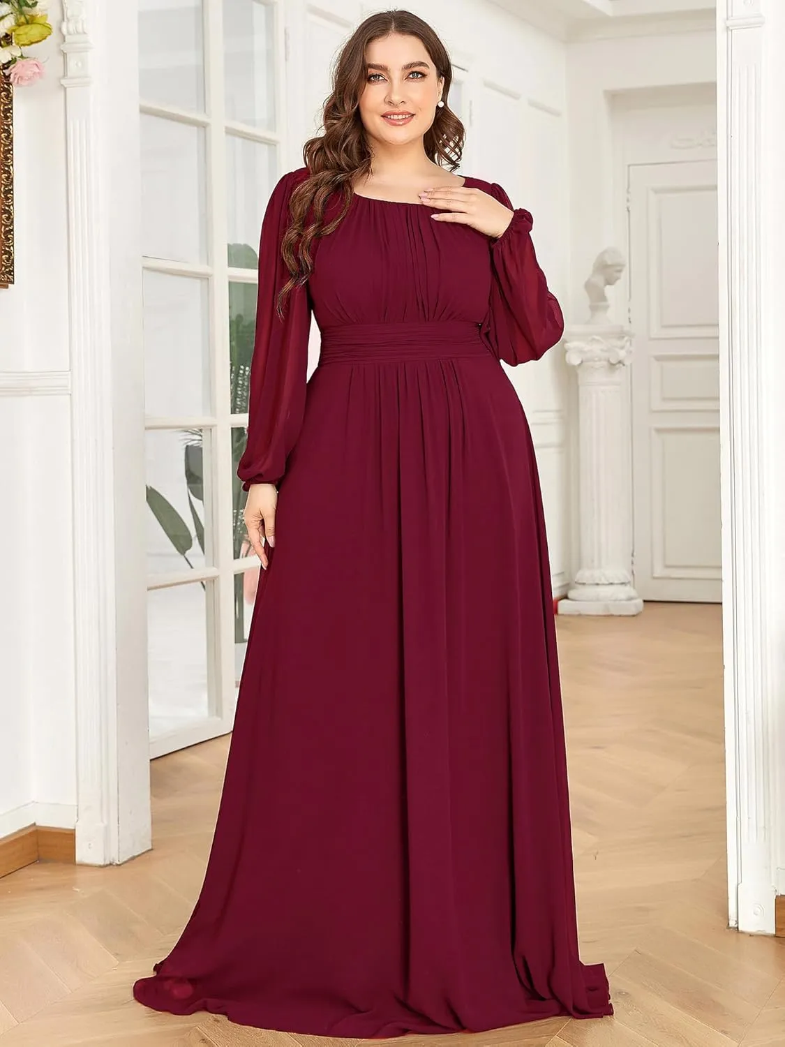 Ever-Pretty Women's Round Neck Long Lantern Sleeves Elastic Band Chiffon Plus Size Formal Gown Bridesmaid Dresses 0106B-DA