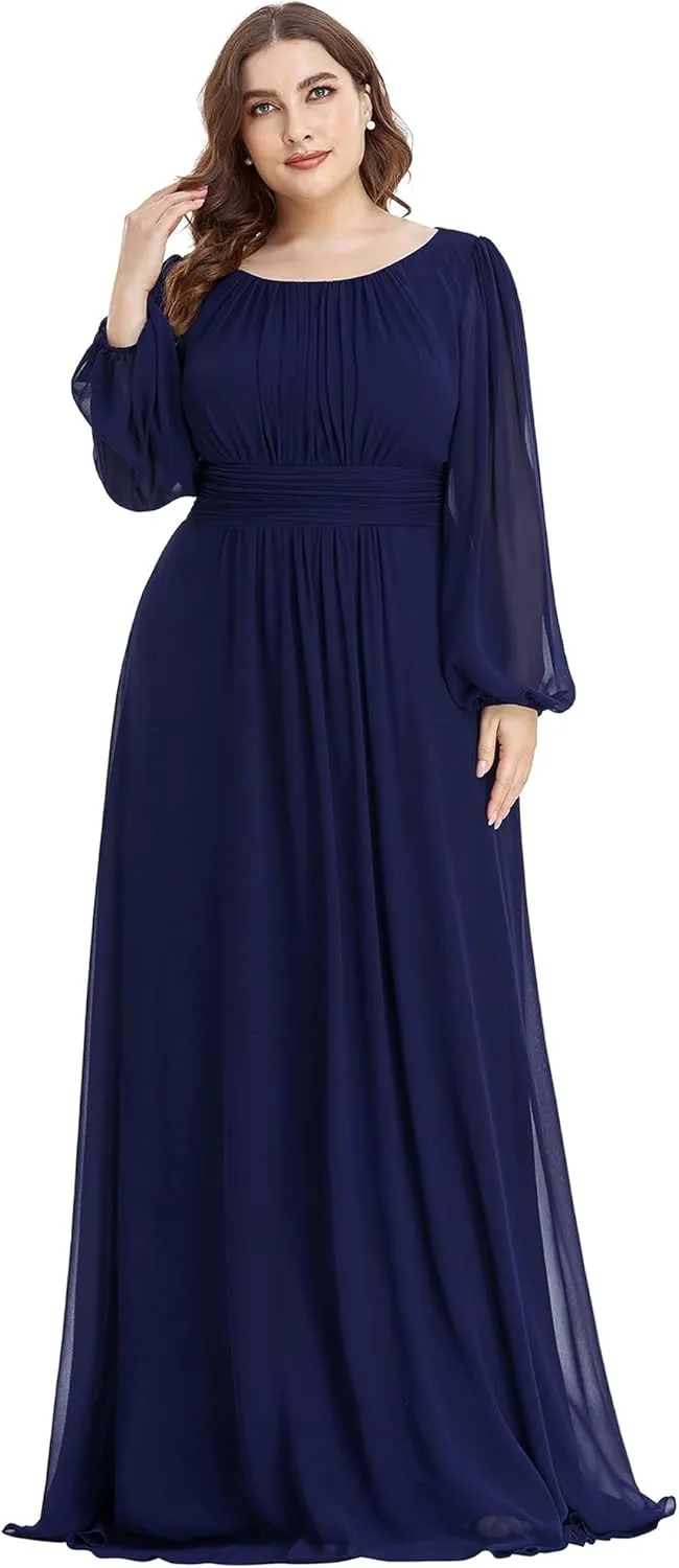 Ever-Pretty Women's Round Neck Long Lantern Sleeves Elastic Band Chiffon Plus Size Formal Gown Bridesmaid Dresses 0106B-DA