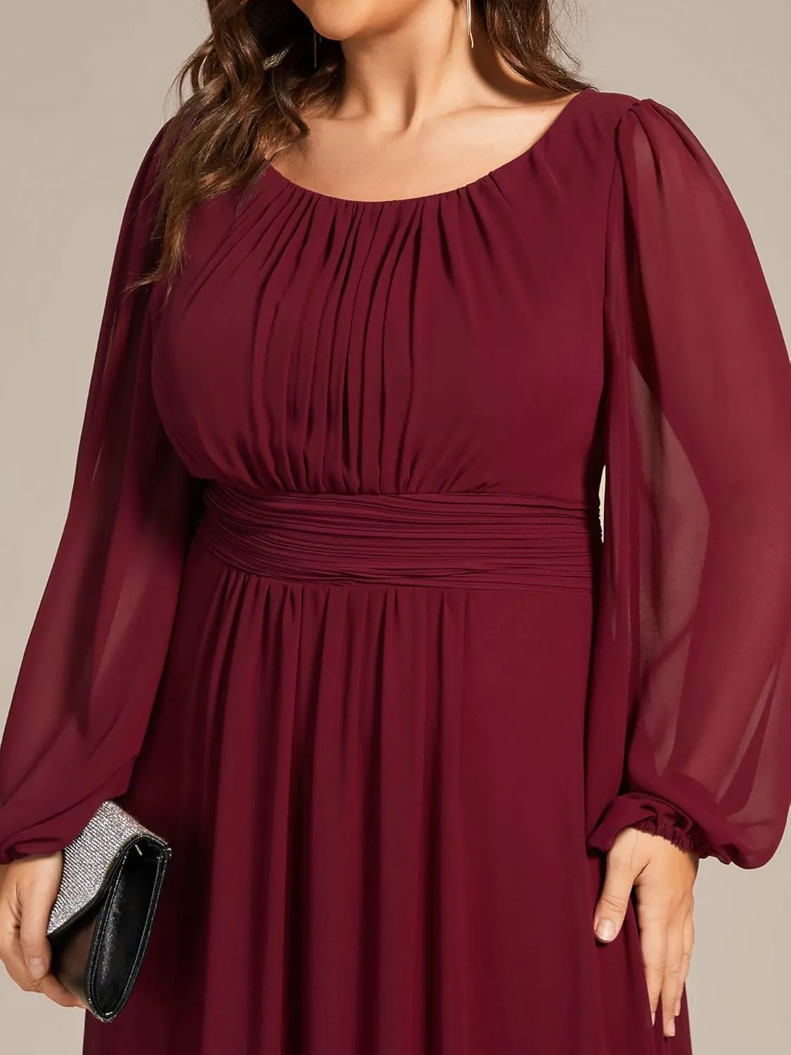 Ever-Pretty Women's Round Neck Long Lantern Sleeves Elastic Band Chiffon Plus Size Formal Gown Bridesmaid Dresses 0106B-DA