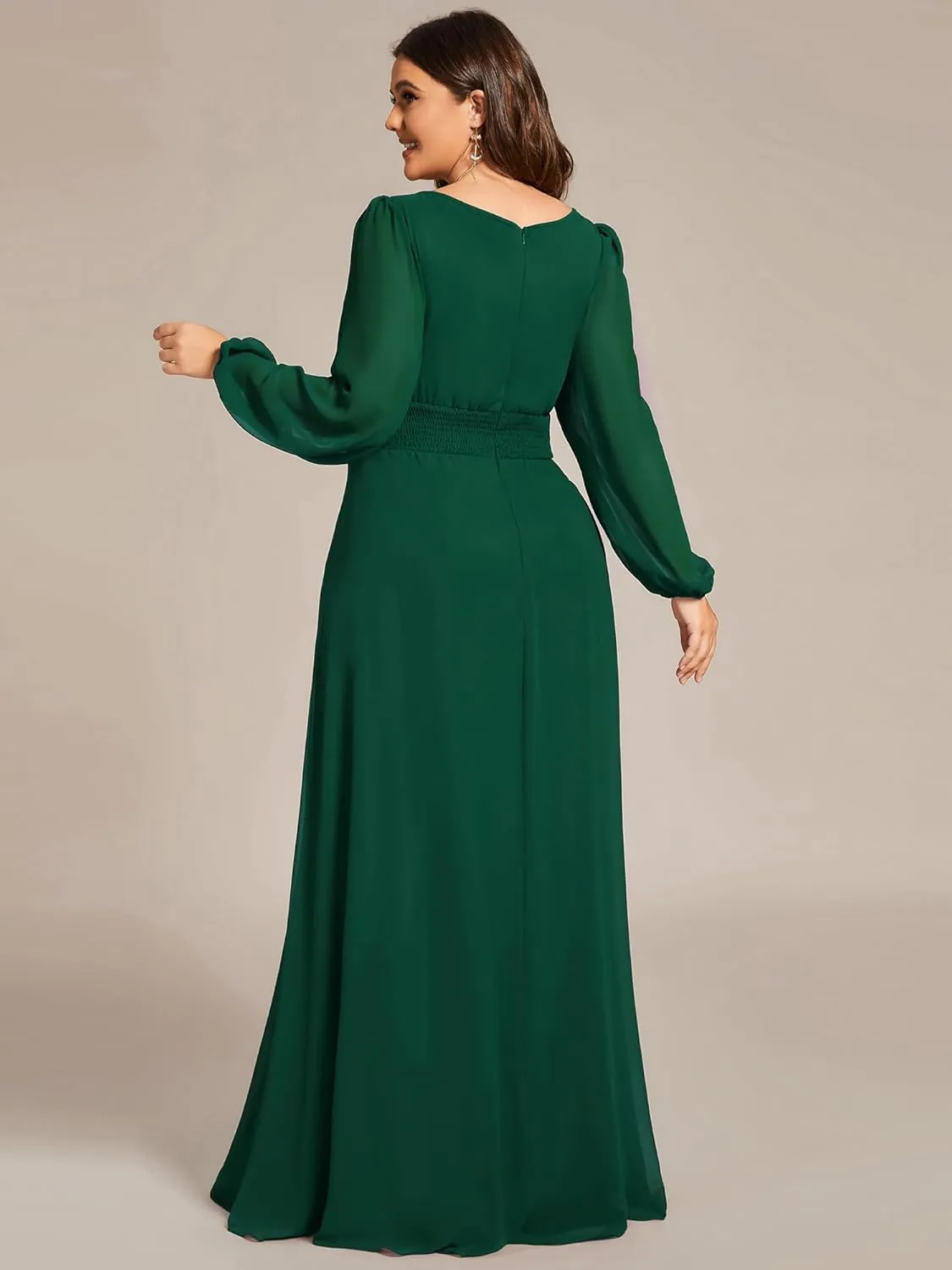 Ever-Pretty Women's Round Neck Long Lantern Sleeves Elastic Band Chiffon Plus Size Formal Gown Bridesmaid Dresses 0106B-DA