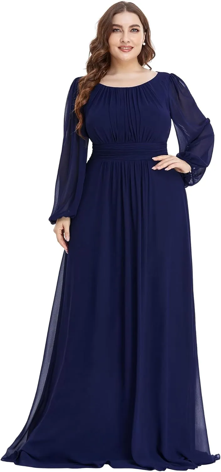 Ever-Pretty Women's Round Neck Long Lantern Sleeves Elastic Band Chiffon Plus Size Formal Gown Bridesmaid Dresses 0106B-DA