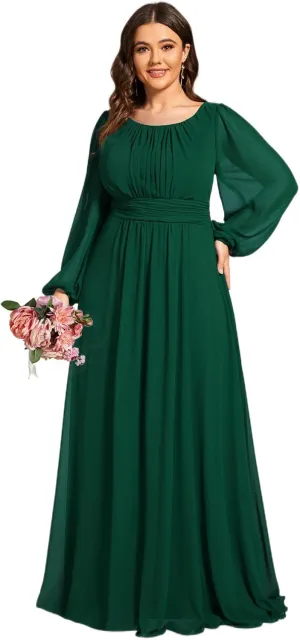 Ever-Pretty Women's Round Neck Long Lantern Sleeves Elastic Band Chiffon Plus Size Formal Gown Bridesmaid Dresses 0106B-DA