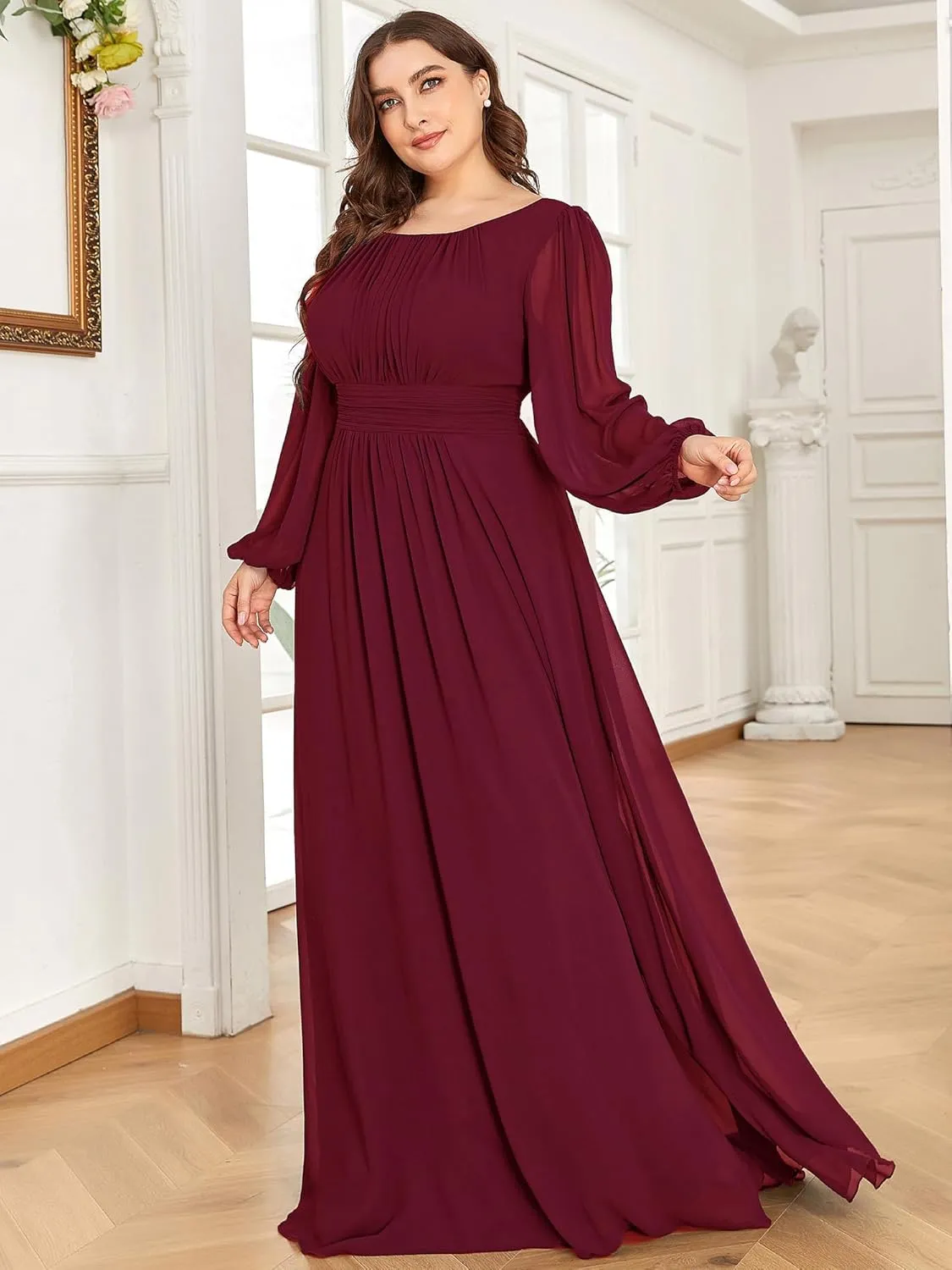 Ever-Pretty Women's Round Neck Long Lantern Sleeves Elastic Band Chiffon Plus Size Formal Gown Bridesmaid Dresses 0106B-DA