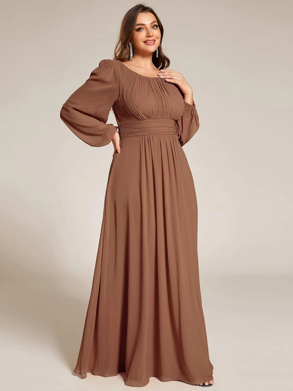 Ever-Pretty Women's Round Neck Long Lantern Sleeves Elastic Band Chiffon Plus Size Formal Gown Bridesmaid Dresses 0106B-DA