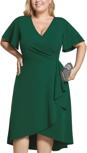 Ever-Pretty Women's V Neck Pleated Ruffles Sleeves High Low Plus Size Cocktail Dresses 02327-DA