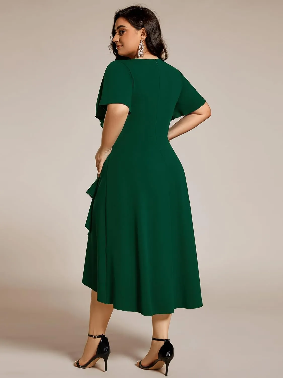 Ever-Pretty Women's V Neck Pleated Ruffles Sleeves High Low Plus Size Cocktail Dresses 02327-DA