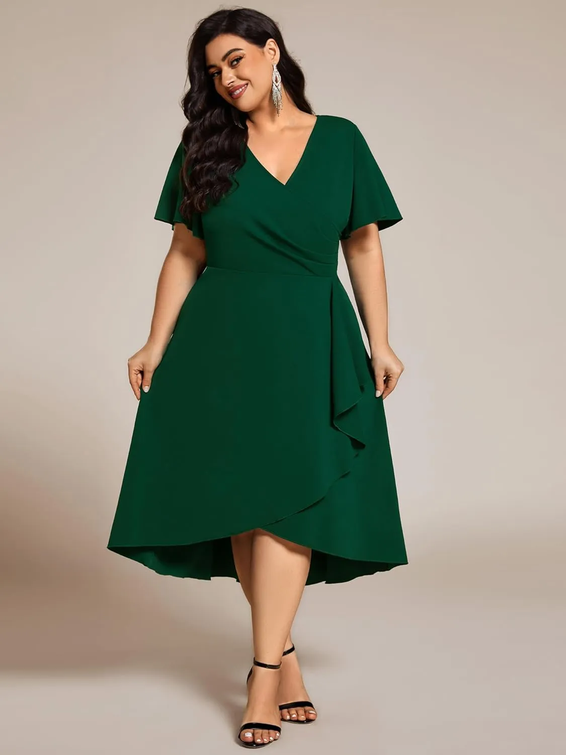 Ever-Pretty Women's V Neck Pleated Ruffles Sleeves High Low Plus Size Cocktail Dresses 02327-DA