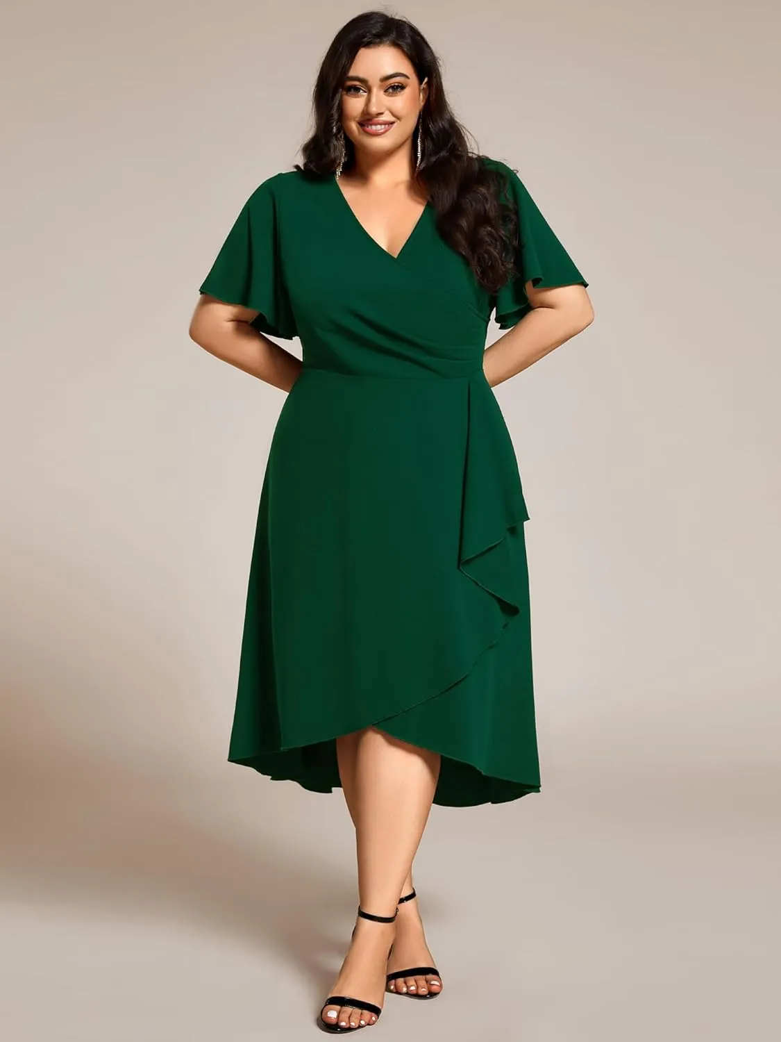 Ever-Pretty Women's V Neck Pleated Ruffles Sleeves High Low Plus Size Cocktail Dresses 02327-DA
