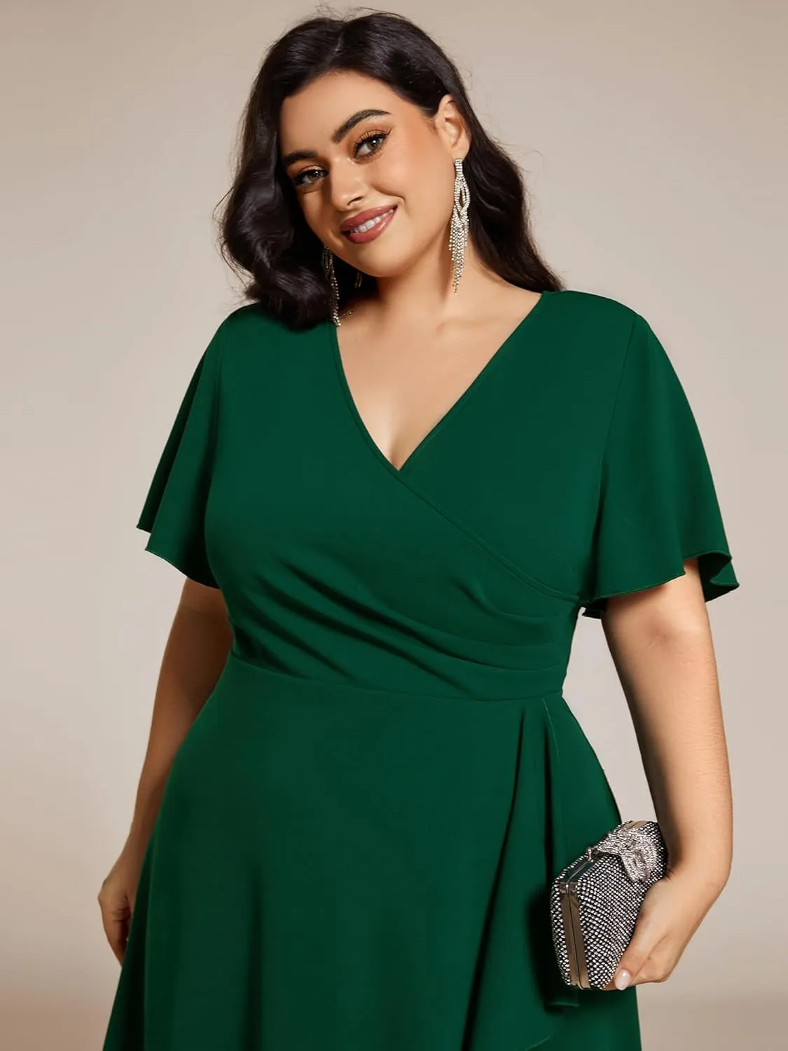 Ever-Pretty Women's V Neck Pleated Ruffles Sleeves High Low Plus Size Cocktail Dresses 02327-DA