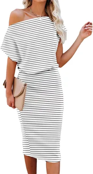 Ezbelle Women's 2025 Summer Dress Off The Shoulder Short Sleeve Ribbed Casual Party Bodycon Midi Dresses