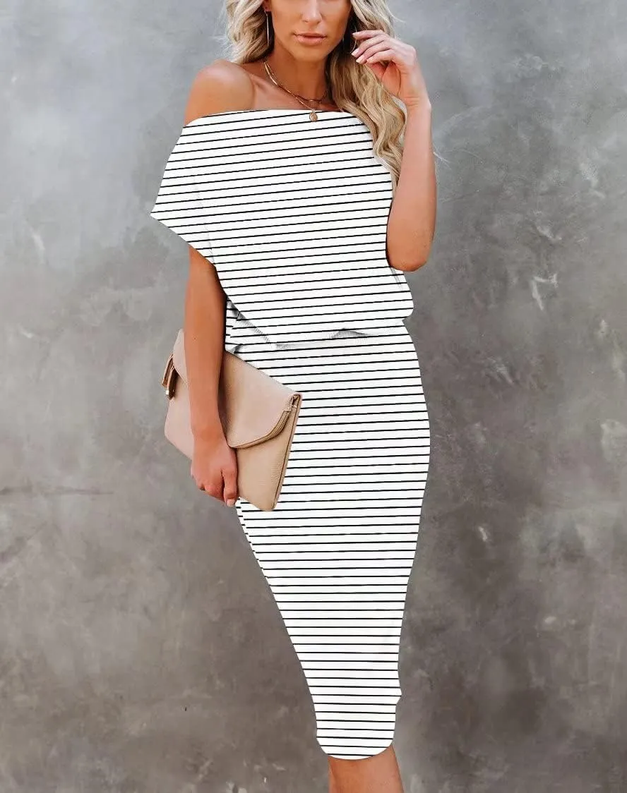 Ezbelle Women's 2025 Summer Dress Off The Shoulder Short Sleeve Ribbed Casual Party Bodycon Midi Dresses