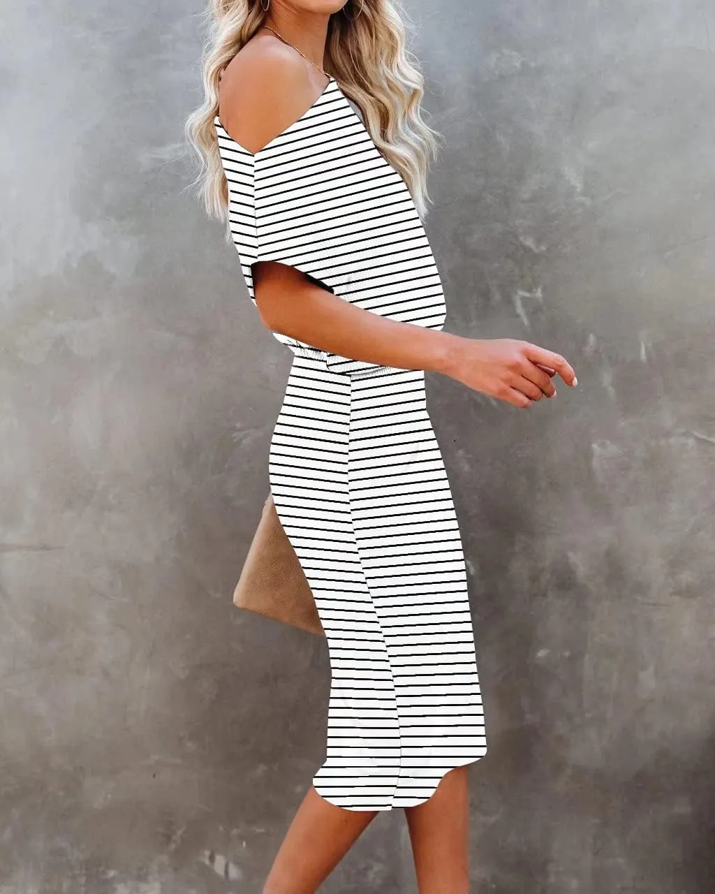 Ezbelle Women's 2025 Summer Dress Off The Shoulder Short Sleeve Ribbed Casual Party Bodycon Midi Dresses