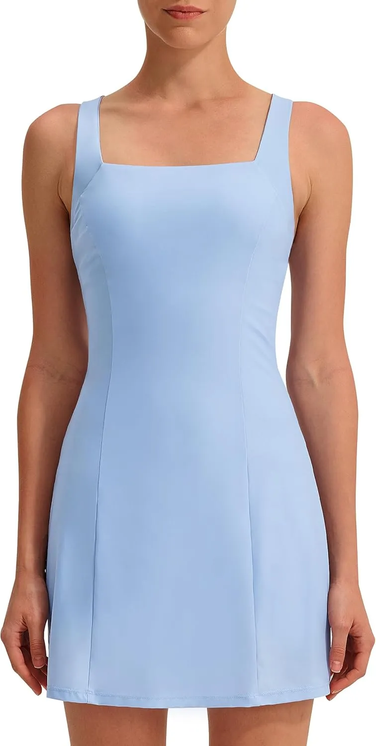 EZRUN Womens Square Neck Tennis Dress Built in Shorts and Bra Athletic Golf Dress with Pockets for Summer