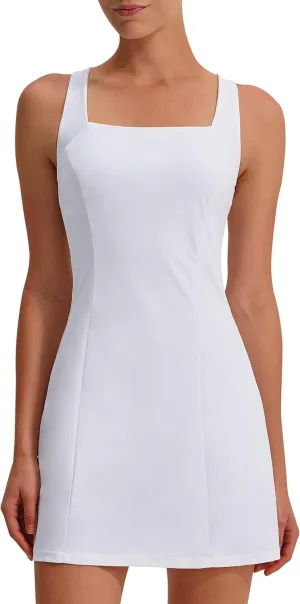 EZRUN Womens Square Neck Tennis Dress Built in Shorts and Bra Athletic Golf Dress with Pockets for Summer