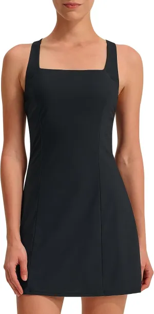EZRUN Womens Square Neck Tennis Dress Built in Shorts and Bra Athletic Golf Dress with Pockets for Summer